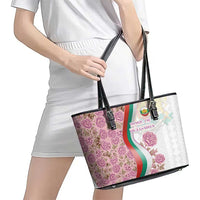 Rose of Bulgaria Leather Tote Bag with National Flag Ribbon and Floral Damask Pattern