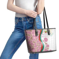 Rose of Bulgaria Leather Tote Bag with National Flag Ribbon and Floral Damask Pattern