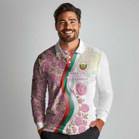 Rose of Bulgaria Long Sleeve Polo Shirt with National Flag Ribbon and Floral Damask Pattern