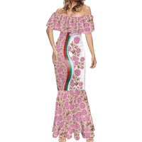 Rose of Bulgaria Mermaid Dress with National Flag Ribbon and Floral Damask Pattern