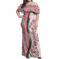Rose of Bulgaria Off Shoulder Maxi Dress with National Flag Ribbon and Floral Damask Pattern