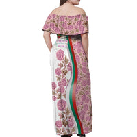 Rose of Bulgaria Off Shoulder Maxi Dress with National Flag Ribbon and Floral Damask Pattern