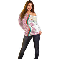 Rose of Bulgaria Off Shoulder Sweater with National Flag Ribbon and Floral Damask Pattern