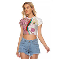 Rose of Bulgaria Raglan Cropped T Shirt with National Flag Ribbon and Floral Damask Pattern