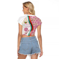 Rose of Bulgaria Raglan Cropped T Shirt with National Flag Ribbon and Floral Damask Pattern