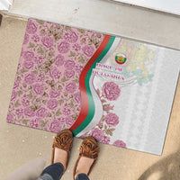 Rose of Bulgaria Rubber Doormat with National Flag Ribbon and Floral Damask Pattern