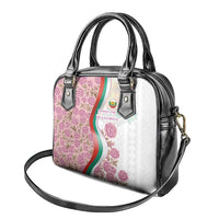 Rose of Bulgaria Shoulder Handbag with National Flag Ribbon and Floral Damask Pattern