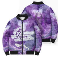 Lupus Awareness Month Bomber Puffer Jacket Purple Ribbon Watercolor Galaxy Butterfly Floral Support Art