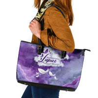 Lupus Awareness Month Leather Tote Bag Purple Ribbon Watercolor Galaxy Butterfly Floral Support Art