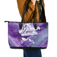 Lupus Awareness Month Leather Tote Bag Purple Ribbon Watercolor Galaxy Butterfly Floral Support Art