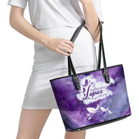 Lupus Awareness Month Leather Tote Bag Purple Ribbon Watercolor Galaxy Butterfly Floral Support Art
