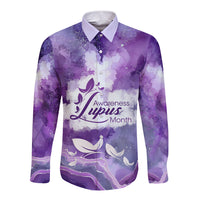 Lupus Awareness Month Long Sleeve Button Shirt Purple Ribbon Watercolor Galaxy Butterfly Floral Support Art