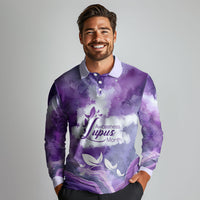 Lupus Awareness Month Long Sleeve Polo Shirt Purple Ribbon Watercolor Galaxy Butterfly Floral Support Art