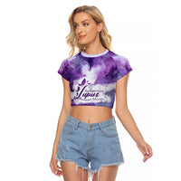 Lupus Awareness Month Raglan Cropped T Shirt Purple Ribbon Watercolor Galaxy Butterfly Floral Support Art