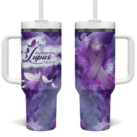 Lupus Awareness Month Tumbler With Handle Purple Ribbon Watercolor Galaxy Butterfly Floral Support Art