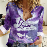 Lupus Awareness Month Women Casual Shirt Purple Ribbon Watercolor Galaxy Butterfly Floral Support Art
