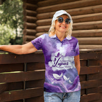 Lupus Awareness Month Women Polo Shirt Purple Ribbon Watercolor Galaxy Butterfly Floral Support Art