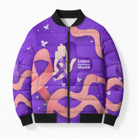 Lupus Awareness Bomber Puffer Jacket Her Fight Is My Fight - Purple Ribbon Butterfly Wave Style