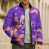Lupus Awareness Bomber Puffer Jacket Her Fight Is My Fight - Purple Ribbon Butterfly Wave Style