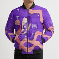 Lupus Awareness Bomber Puffer Jacket Her Fight Is My Fight - Purple Ribbon Butterfly Wave Style