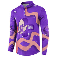 Lupus Awareness Button Sweatshirt Her Fight Is My Fight - Purple Ribbon Butterfly Wave Style