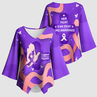 Lupus Awareness Kimono Sleeve Blouse Her Fight Is My Fight - Purple Ribbon Butterfly Wave Style
