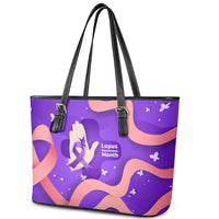 Lupus Awareness Leather Tote Bag Her Fight Is My Fight - Purple Ribbon Butterfly Wave Style