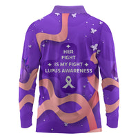 Lupus Awareness Long Sleeve Polo Shirt Her Fight Is My Fight - Purple Ribbon Butterfly Wave Style