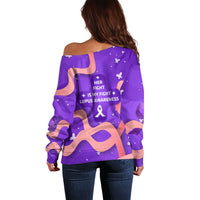 Lupus Awareness Off Shoulder Sweater Her Fight Is My Fight - Purple Ribbon Butterfly Wave Style