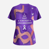 Lupus Awareness Scrub Top Her Fight Is My Fight - Purple Ribbon Butterfly Wave Style