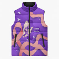 Lupus Awareness Sleeveless Puffer Jacket Her Fight Is My Fight - Purple Ribbon Butterfly Wave Style