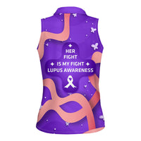 Lupus Awareness Women Sleeveless Polo Shirt Her Fight Is My Fight - Purple Ribbon Butterfly Wave Style