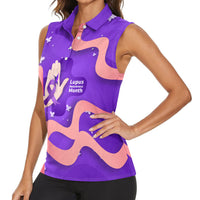 Lupus Awareness Women Sleeveless Polo Shirt Her Fight Is My Fight - Purple Ribbon Butterfly Wave Style
