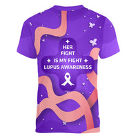 Lupus Awareness Women V-Neck T-Shirt Her Fight Is My Fight - Purple Ribbon Butterfly Wave Style