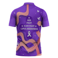 Lupus Awareness Zipper Polo Shirt Her Fight Is My Fight - Purple Ribbon Butterfly Wave Style