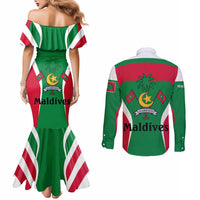 Maldives National Flag and Emblem Couples Matching Mermaid Dress and Long Sleeve Button Shirt with Green Red White Colorblock Design