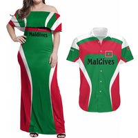 Maldives National Flag and Emblem Couples Matching Off Shoulder Maxi Dress and Hawaiian Shirt with Green Red White Colorblock Design