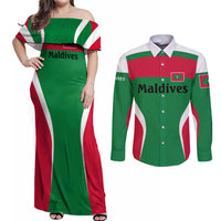 Maldives National Flag and Emblem Couples Matching Off Shoulder Maxi Dress and Long Sleeve Button Shirt with Green Red White Colorblock Design