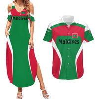 Maldives National Flag and Emblem Couples Matching Summer Maxi Dress and Hawaiian Shirt with Green Red White Colorblock Design