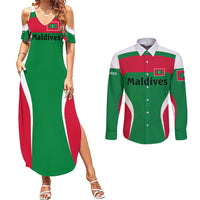 Maldives National Flag and Emblem Couples Matching Summer Maxi Dress and Long Sleeve Button Shirt with Green Red White Colorblock Design