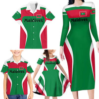 Maldives National Flag and Emblem Family Matching Long Sleeve Bodycon Dress and Hawaiian Shirt with Green Red White Colorblock Design