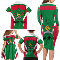Maldives National Flag and Emblem Family Matching Long Sleeve Bodycon Dress and Hawaiian Shirt with Green Red White Colorblock Design