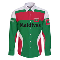 Maldives National Flag and Emblem Family Matching Off The Shoulder Long Sleeve Dress and Hawaiian Shirt with Green Red White Colorblock Design