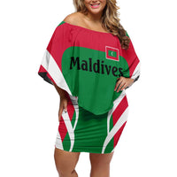 Maldives National Flag and Emblem Family Matching Off Shoulder Short Dress and Hawaiian Shirt with Green Red White Colorblock Design