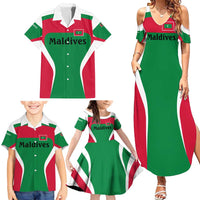 Maldives National Flag and Emblem Family Matching Summer Maxi Dress and Hawaiian Shirt with Green Red White Colorblock Design