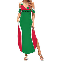 Maldives National Flag and Emblem Family Matching Summer Maxi Dress and Hawaiian Shirt with Green Red White Colorblock Design