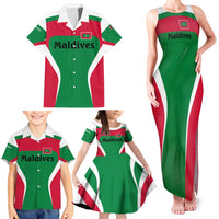 Maldives National Flag and Emblem Family Matching Tank Maxi Dress and Hawaiian Shirt with Green Red White Colorblock Design