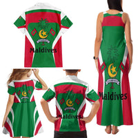 Maldives National Flag and Emblem Family Matching Tank Maxi Dress and Hawaiian Shirt with Green Red White Colorblock Design