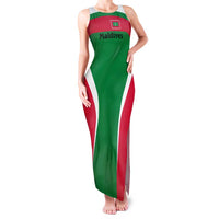 Maldives National Flag and Emblem Family Matching Tank Maxi Dress and Hawaiian Shirt with Green Red White Colorblock Design
