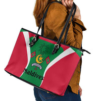 Maldives National Flag and Emblem Leather Tote Bag with Green Red White Colorblock Design